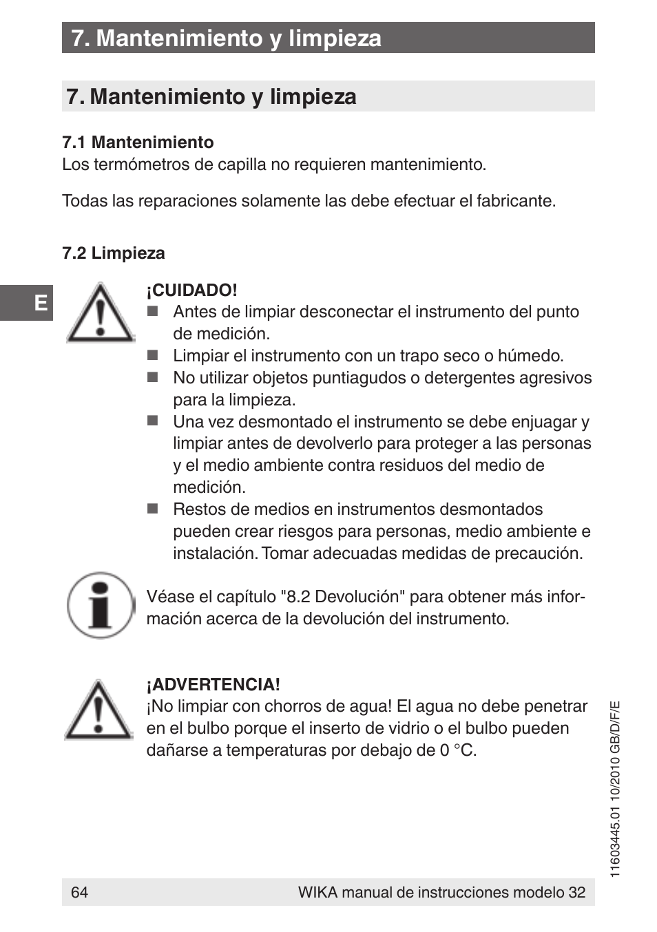 Mantenimiento y limpieza | WIKA 32 User Manual | Page 64 / 68