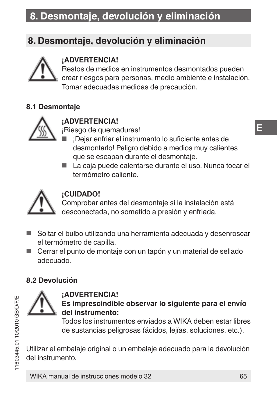 Desmontaje, devolución y eliminación | WIKA 32 User Manual | Page 65 / 68