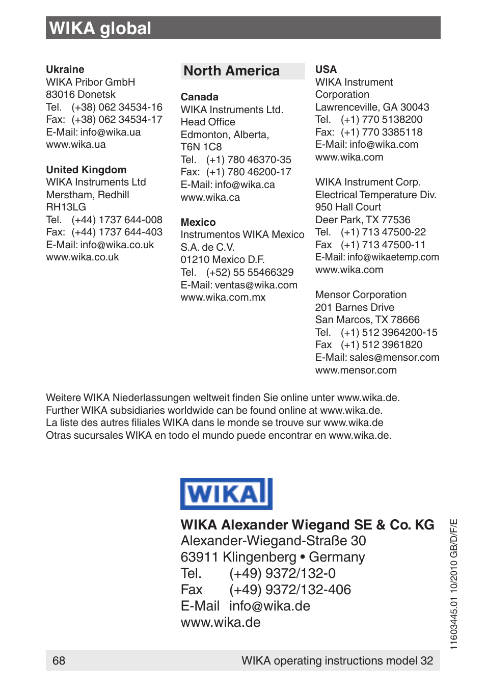 Wika global, North america | WIKA 32 User Manual | Page 68 / 68