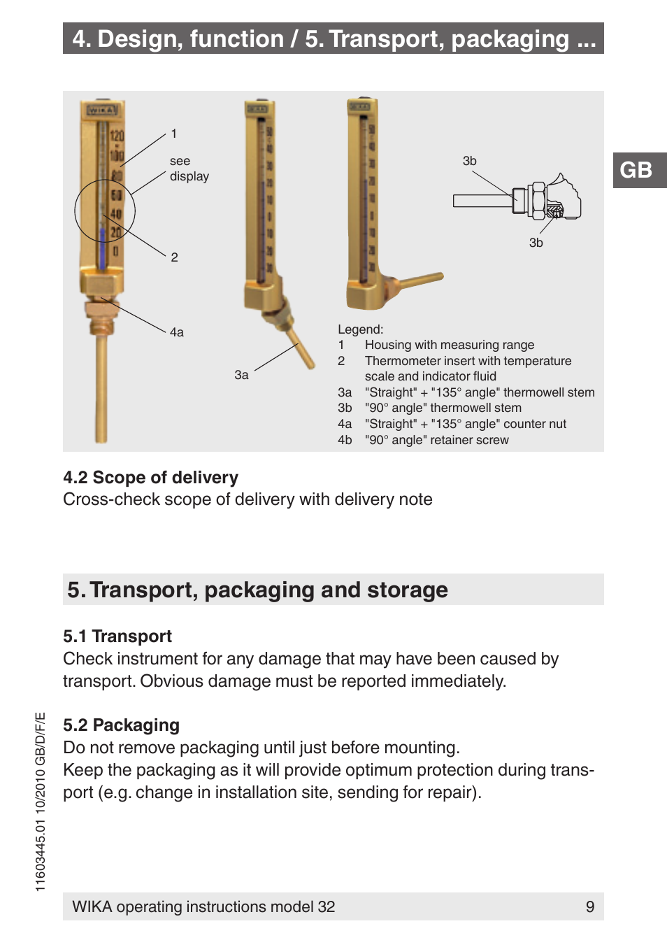 Design, function / 5. transport, packaging, Transport, packaging and storage | WIKA 32 User Manual | Page 9 / 68