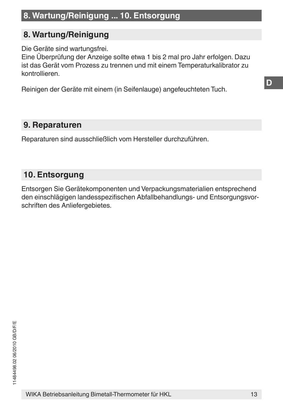 D8. wartung/reinigung . entsorgung, Wartung/reinigung, Reparaturen | Entsorgung | WIKA 45 User Manual | Page 13 / 28