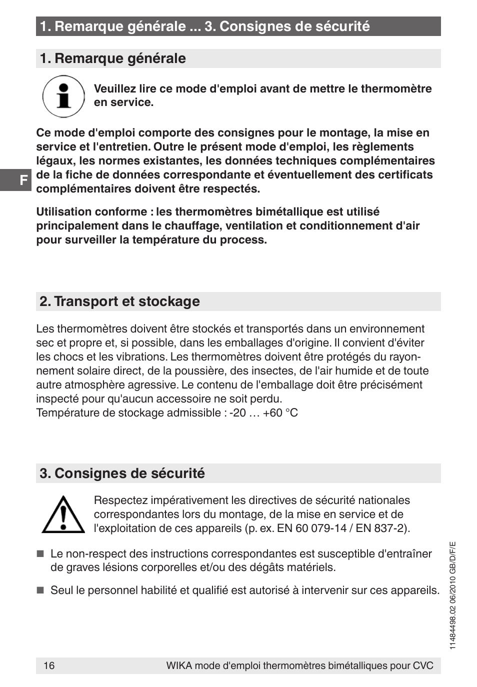 F1. remarque générale . consignes de sécurité, Remarque générale, Transport et stockage | Consignes de sécurité | WIKA 45 User Manual | Page 16 / 28