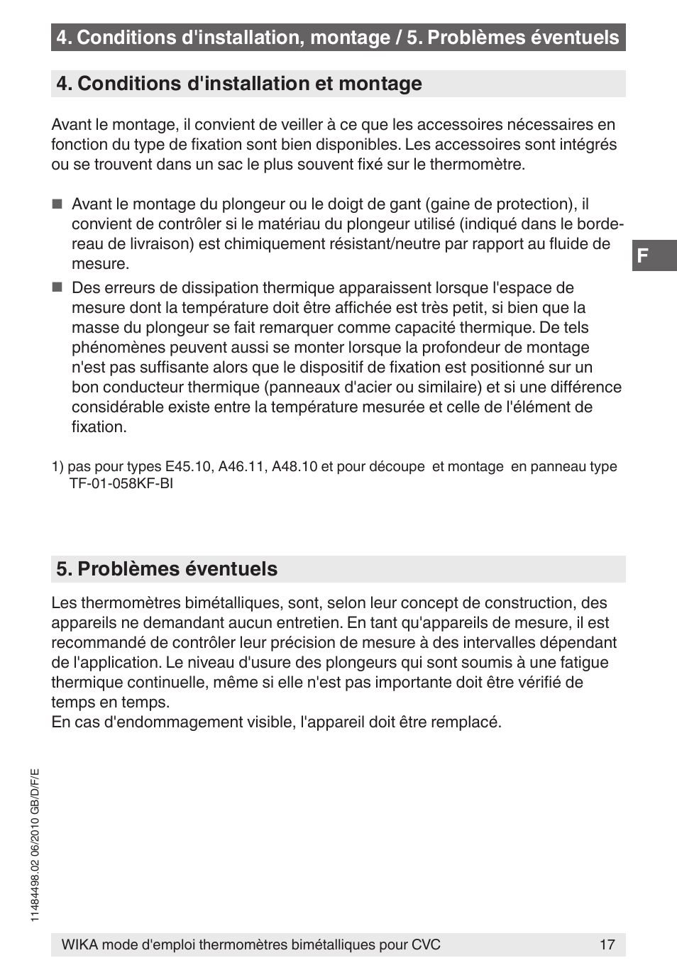 Conditions d'installation et montage, Problèmes éventuels | WIKA 45 User Manual | Page 17 / 28