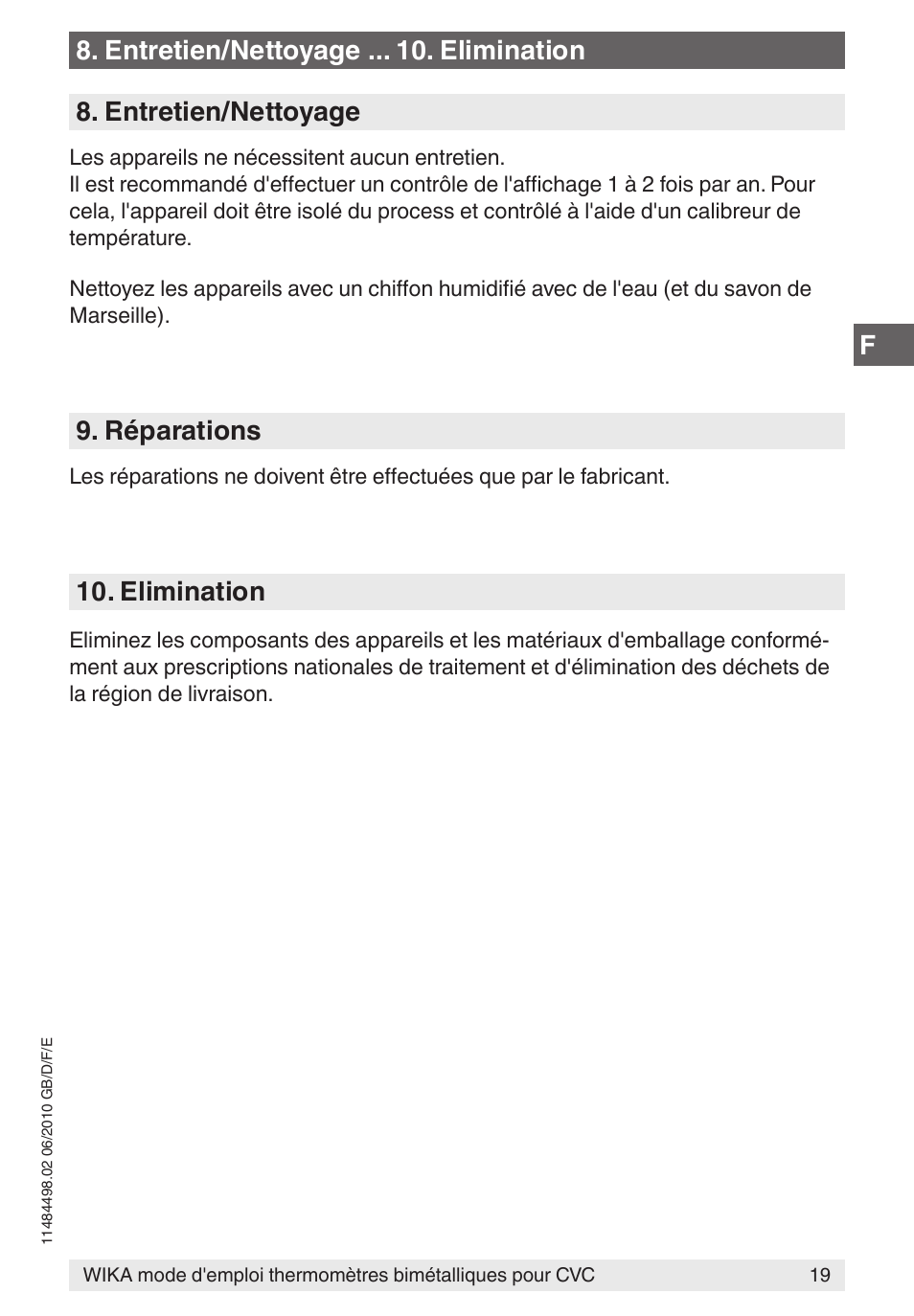 F8. entretien/nettoyage . elimination, Entretien/nettoyage, Réparations | Elimination | WIKA 45 User Manual | Page 19 / 28