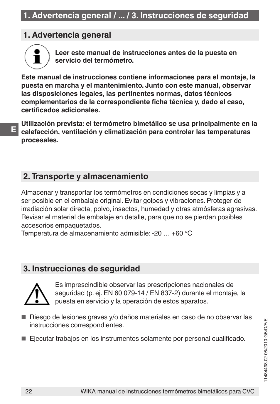 Advertencia general, Transporte y almacenamiento, Instrucciones de seguridad | WIKA 45 User Manual | Page 22 / 28