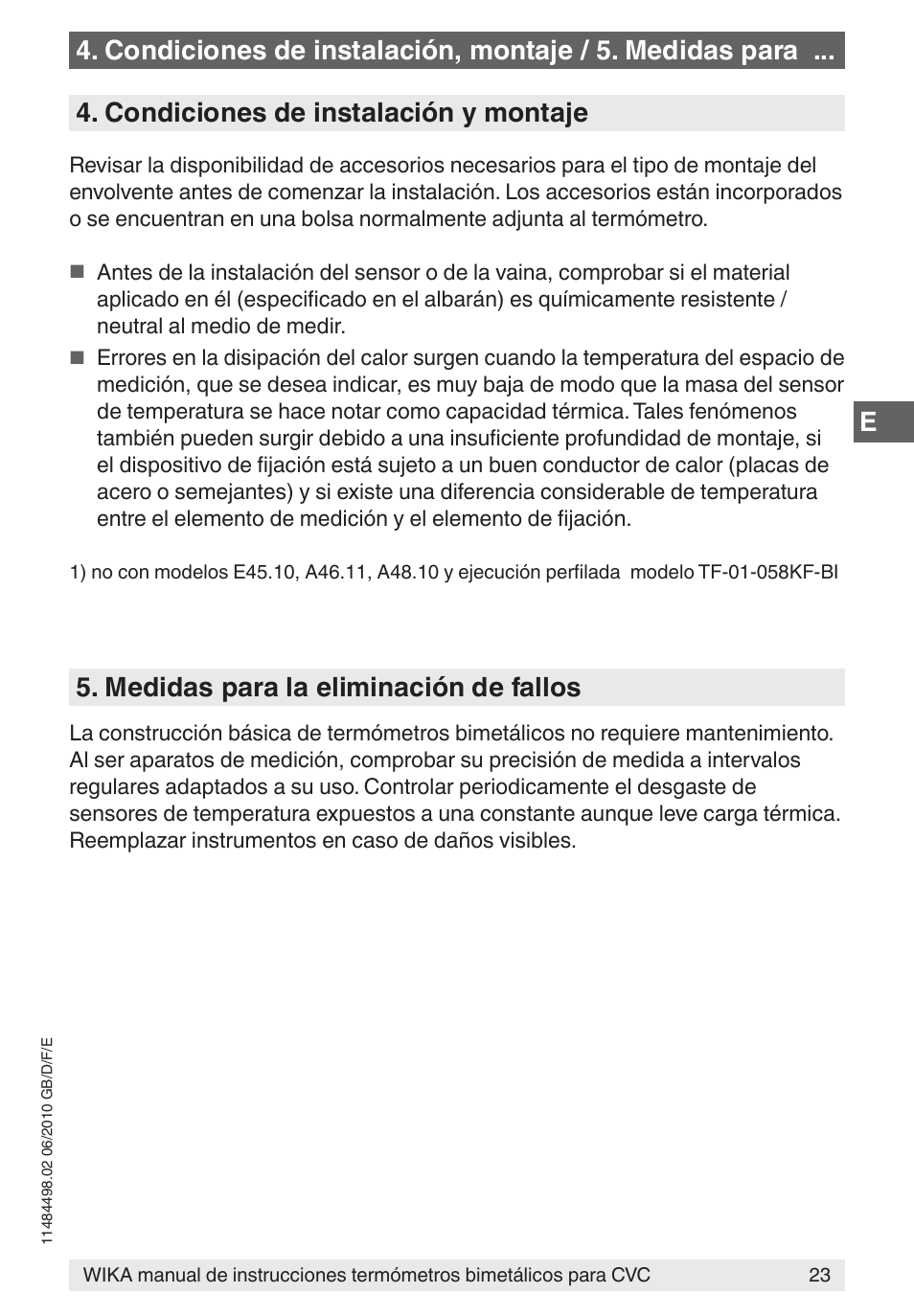 Condiciones de instalación y montaje, Medidas para la eliminación de fallos | WIKA 45 User Manual | Page 23 / 28