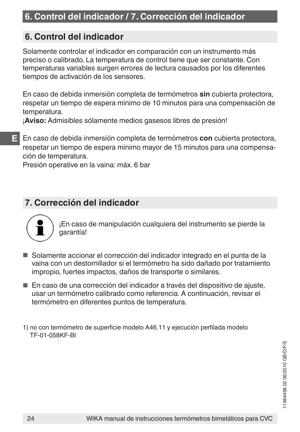 Control del indicador, Corrección del indicador | WIKA 45 User Manual | Page 24 / 28