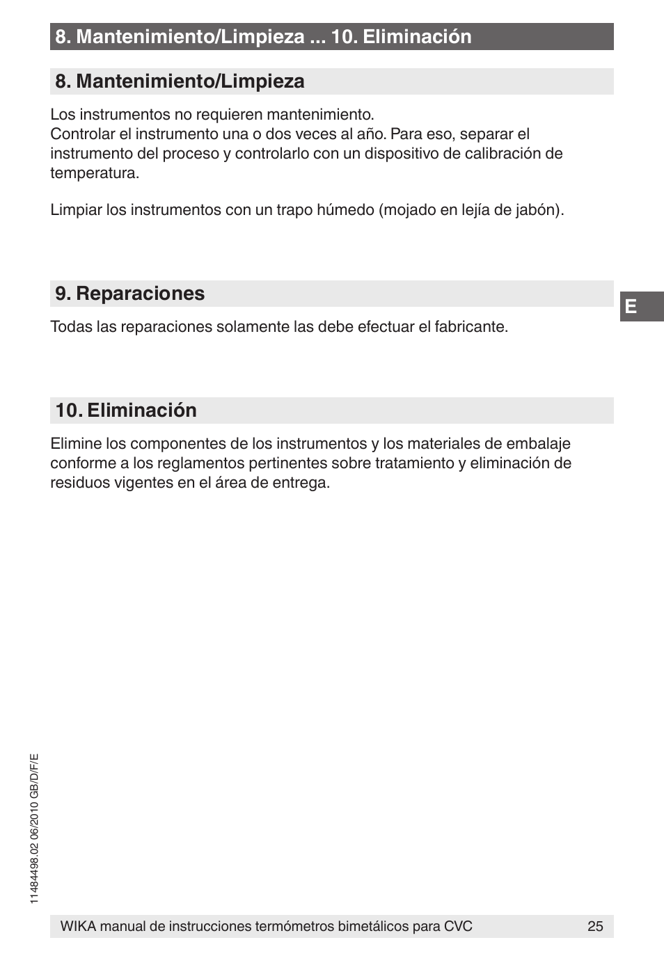 E8. mantenimiento/limpieza . eliminación, Mantenimiento/limpieza, Reparaciones | Eliminación | WIKA 45 User Manual | Page 25 / 28