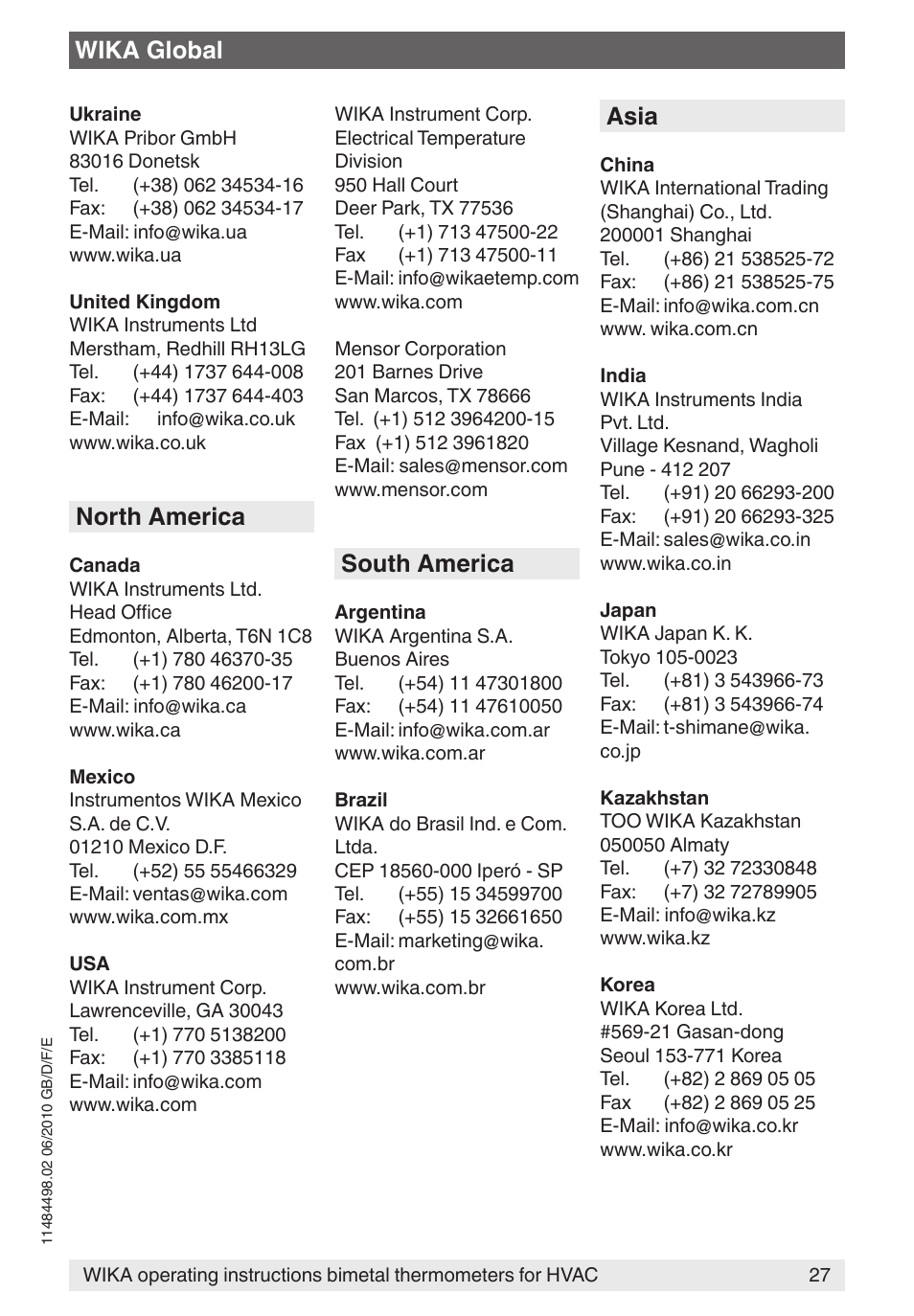 Wika global, North america, South america | Asia | WIKA 45 User Manual | Page 27 / 28