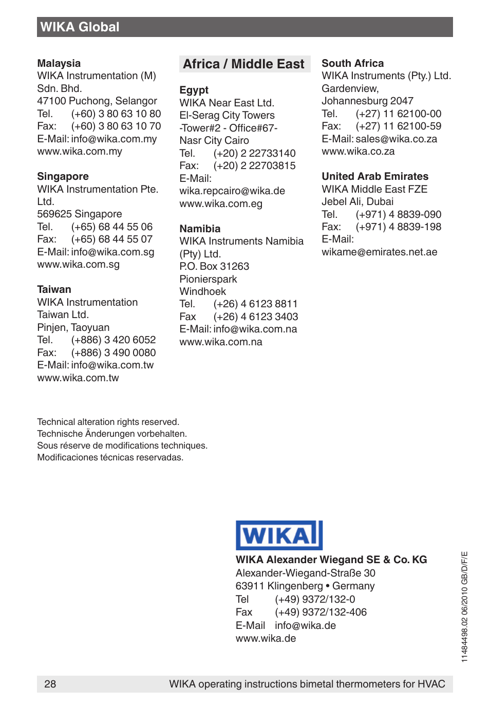 Africa / middle east, Wika global | WIKA 45 User Manual | Page 28 / 28