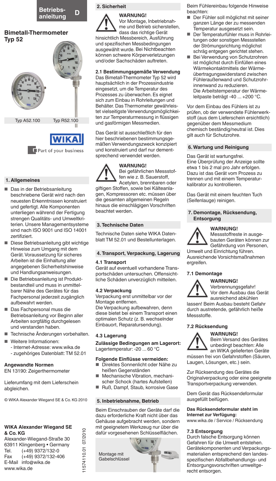 Bimetall-thermometer typ 52 betriebs- anleitung | WIKA 52 User Manual | Page 2 / 4