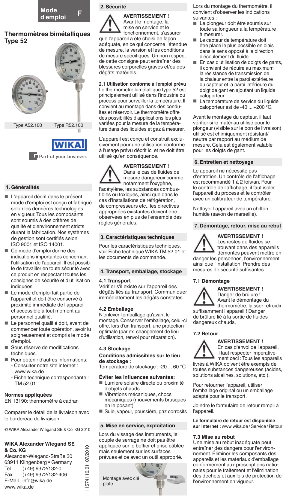 Thermomètres bimétalliques type 52 mode d ' emploi | WIKA 52 User Manual | Page 3 / 4