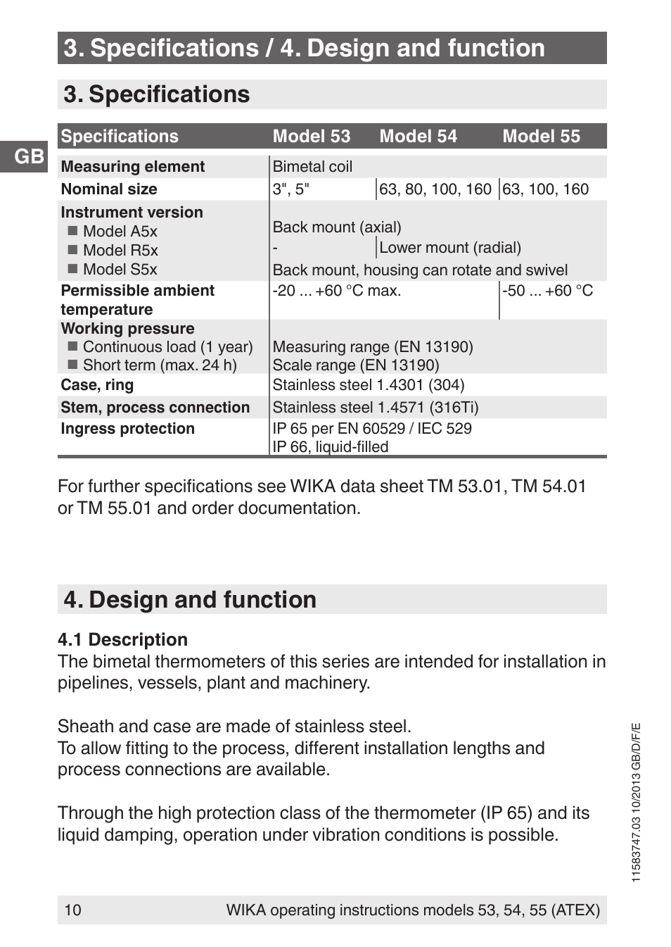 Specifications / 4. design and function, Specifications, Design and function | WIKA 55 User Manual | Page 10 / 64