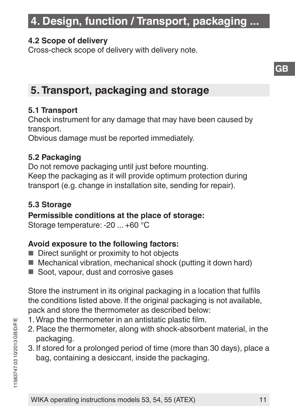 Design, function / transport, packaging, Transport, packaging and storage | WIKA 55 User Manual | Page 11 / 64
