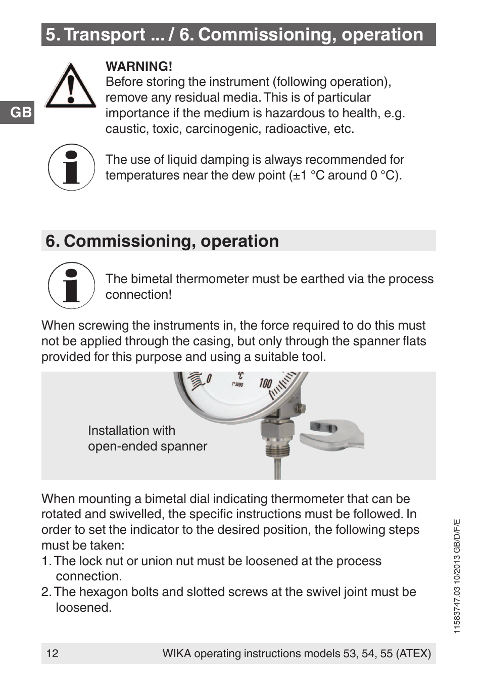 Transport ... / 6. commissioning, operation, Commissioning, operation | WIKA 55 User Manual | Page 12 / 64