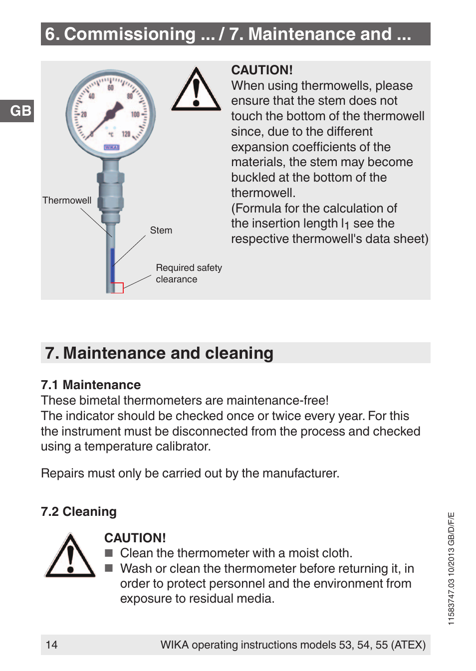 Commissioning ... / 7. maintenance and, Maintenance and cleaning | WIKA 55 User Manual | Page 14 / 64