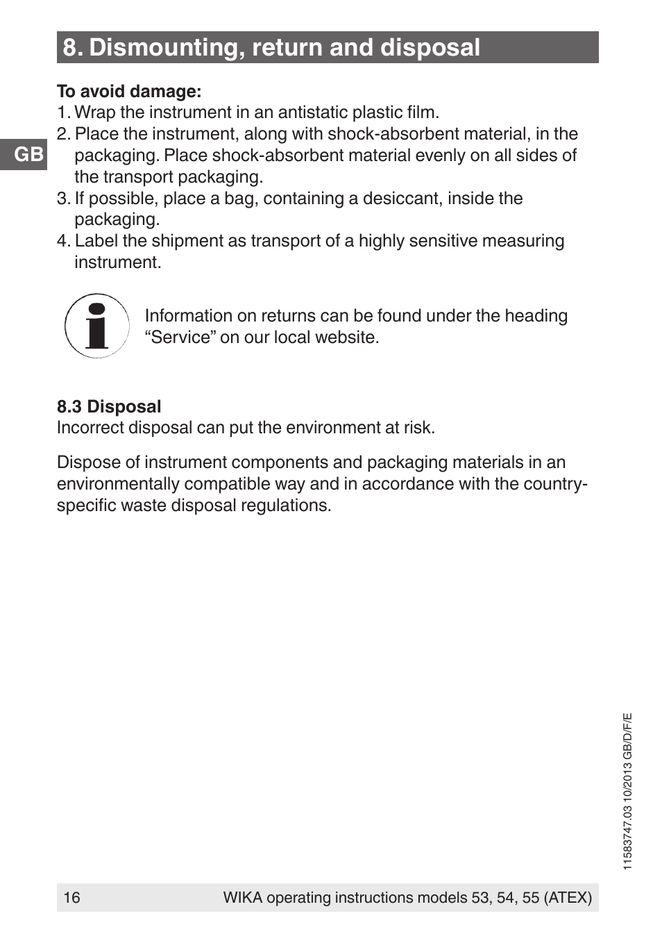 Dismounting, return and disposal | WIKA 55 User Manual | Page 16 / 64