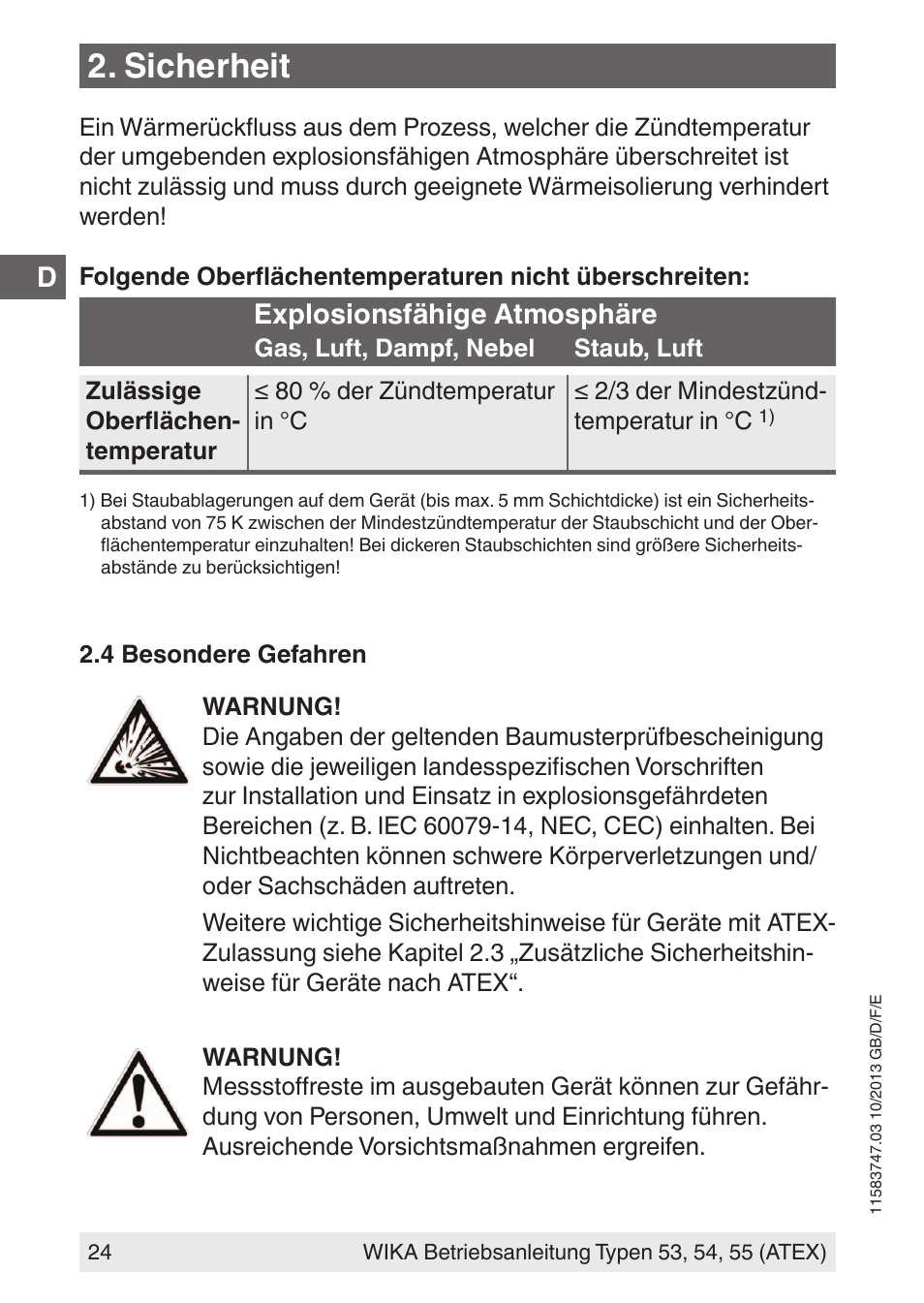 Sicherheit, Explosionsfähige atmosphäre | WIKA 55 User Manual | Page 24 / 64