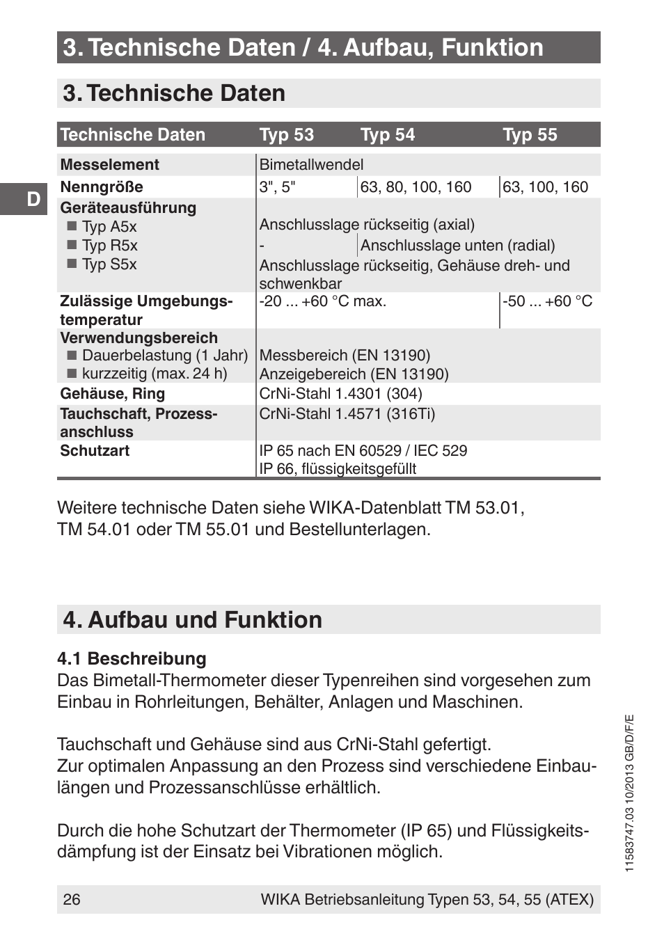 Technische daten / 4. aufbau, funktion, Technische daten, Aufbau und funktion | WIKA 55 User Manual | Page 26 / 64