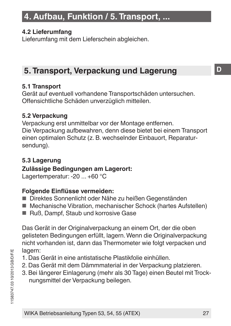 Aufbau, funktion / 5. transport, Transport, verpackung und lagerung | WIKA 55 User Manual | Page 27 / 64