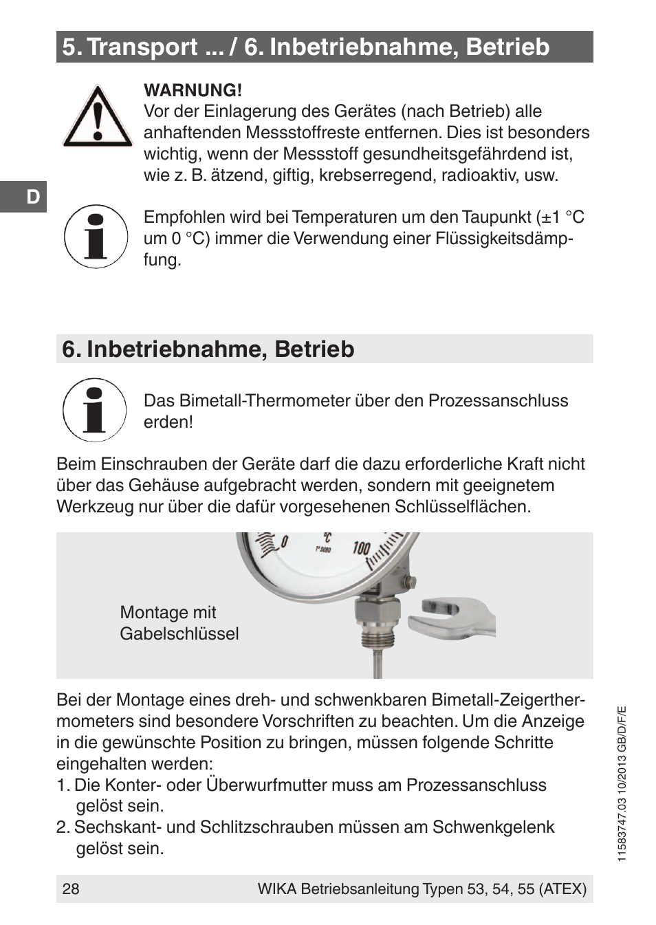 Transport ... / 6. inbetriebnahme, betrieb, Inbetriebnahme, betrieb | WIKA 55 User Manual | Page 28 / 64