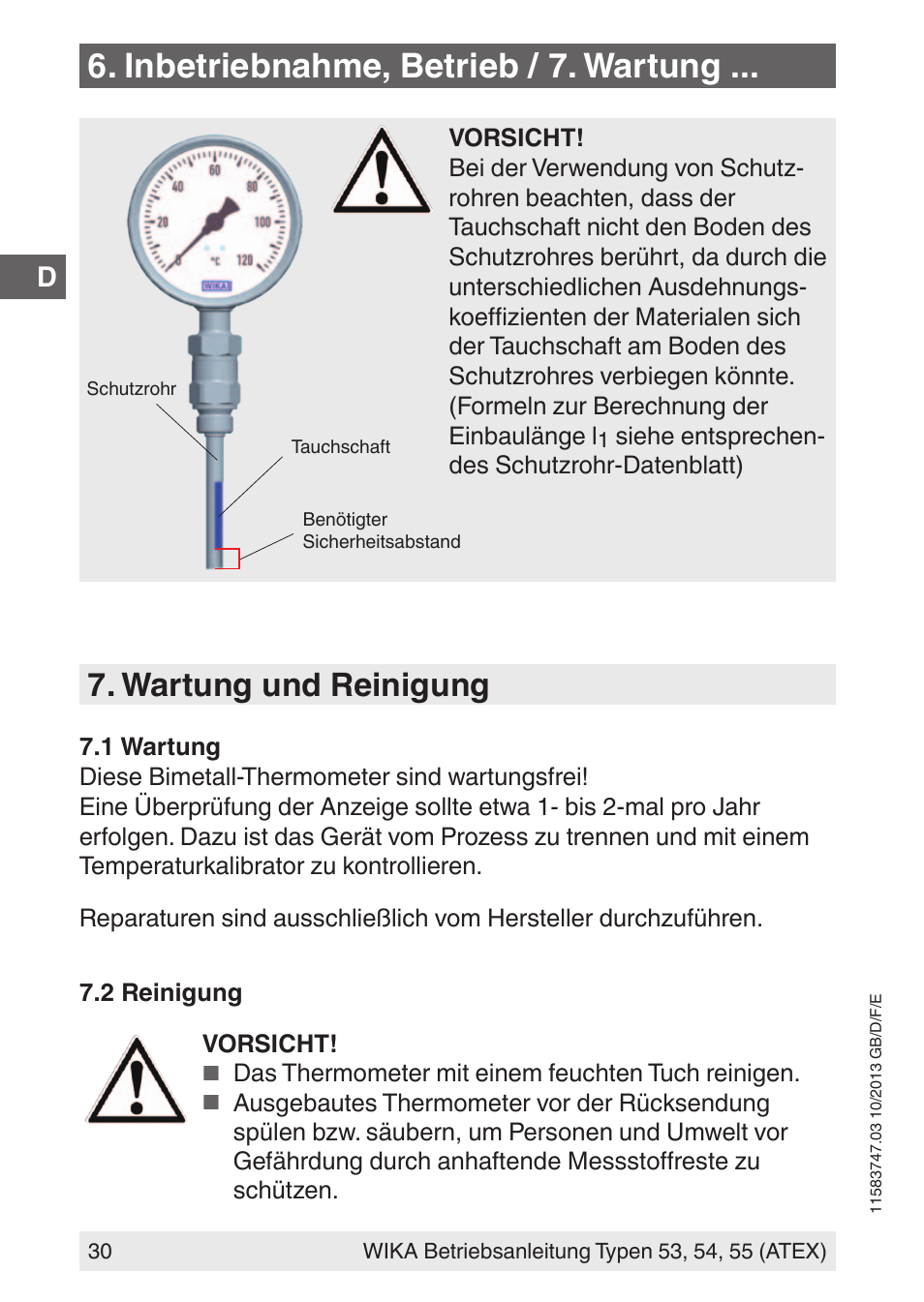 Inbetriebnahme, betrieb / 7. wartung, Wartung und reinigung | WIKA 55 User Manual | Page 30 / 64