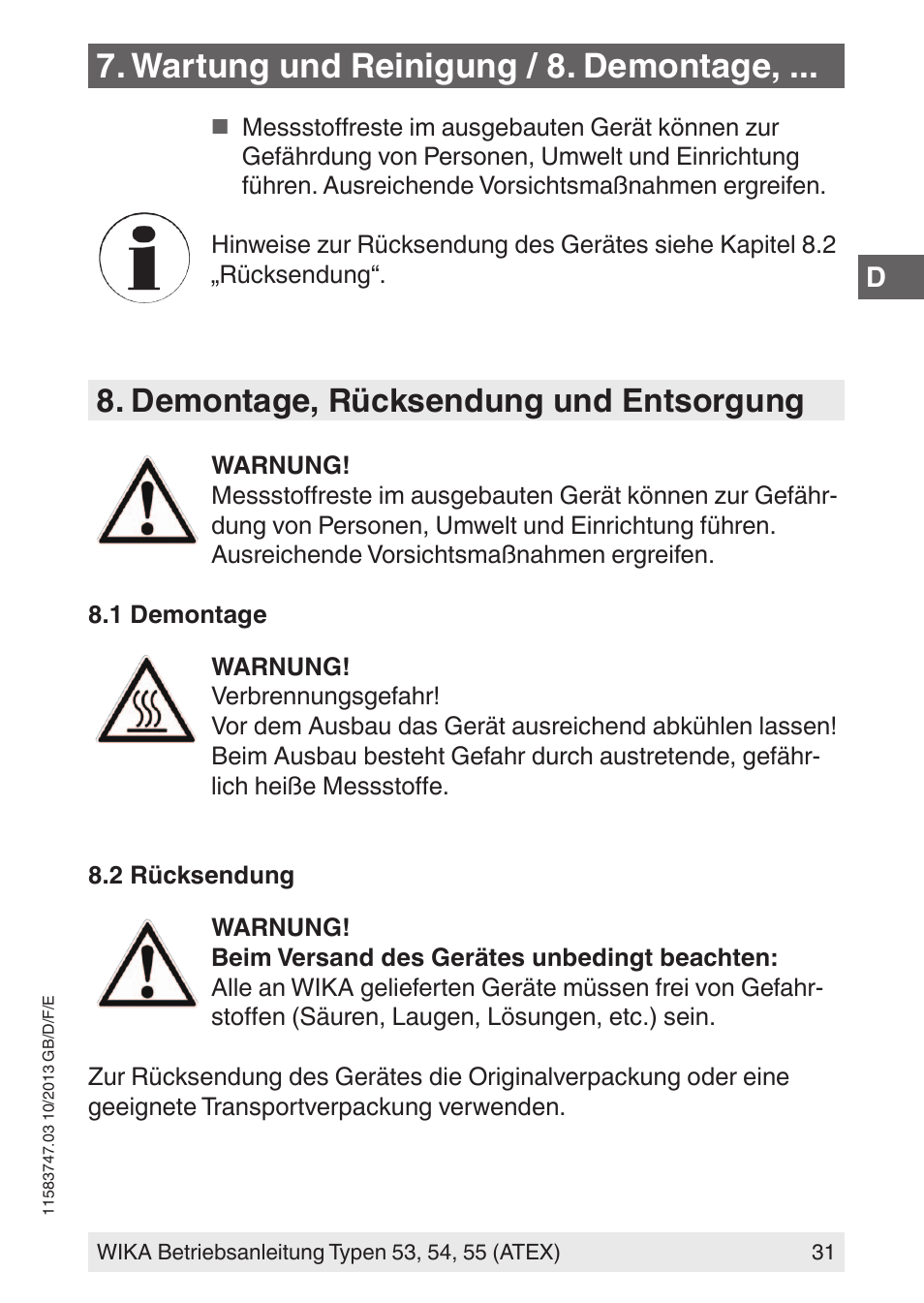 Wartung und reinigung / 8. demontage, Demontage, rücksendung und entsorgung | WIKA 55 User Manual | Page 31 / 64