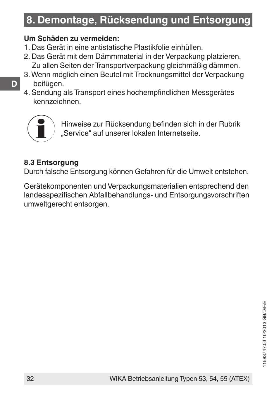Demontage, rücksendung und entsorgung | WIKA 55 User Manual | Page 32 / 64
