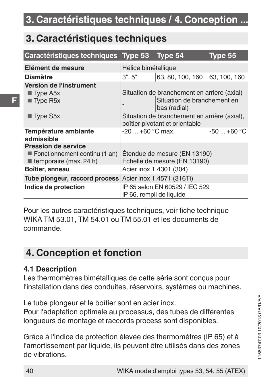 Caractéristiques techniques / 4. conception, Caractéristiques techniques, Conception et fonction | WIKA 55 User Manual | Page 40 / 64