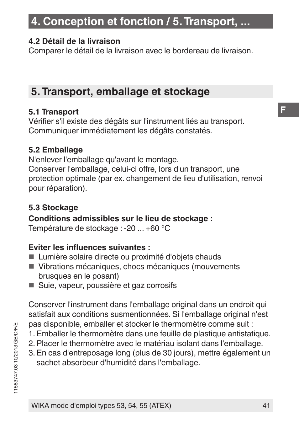 Conception et fonction / 5. transport, Transport, emballage et stockage | WIKA 55 User Manual | Page 41 / 64