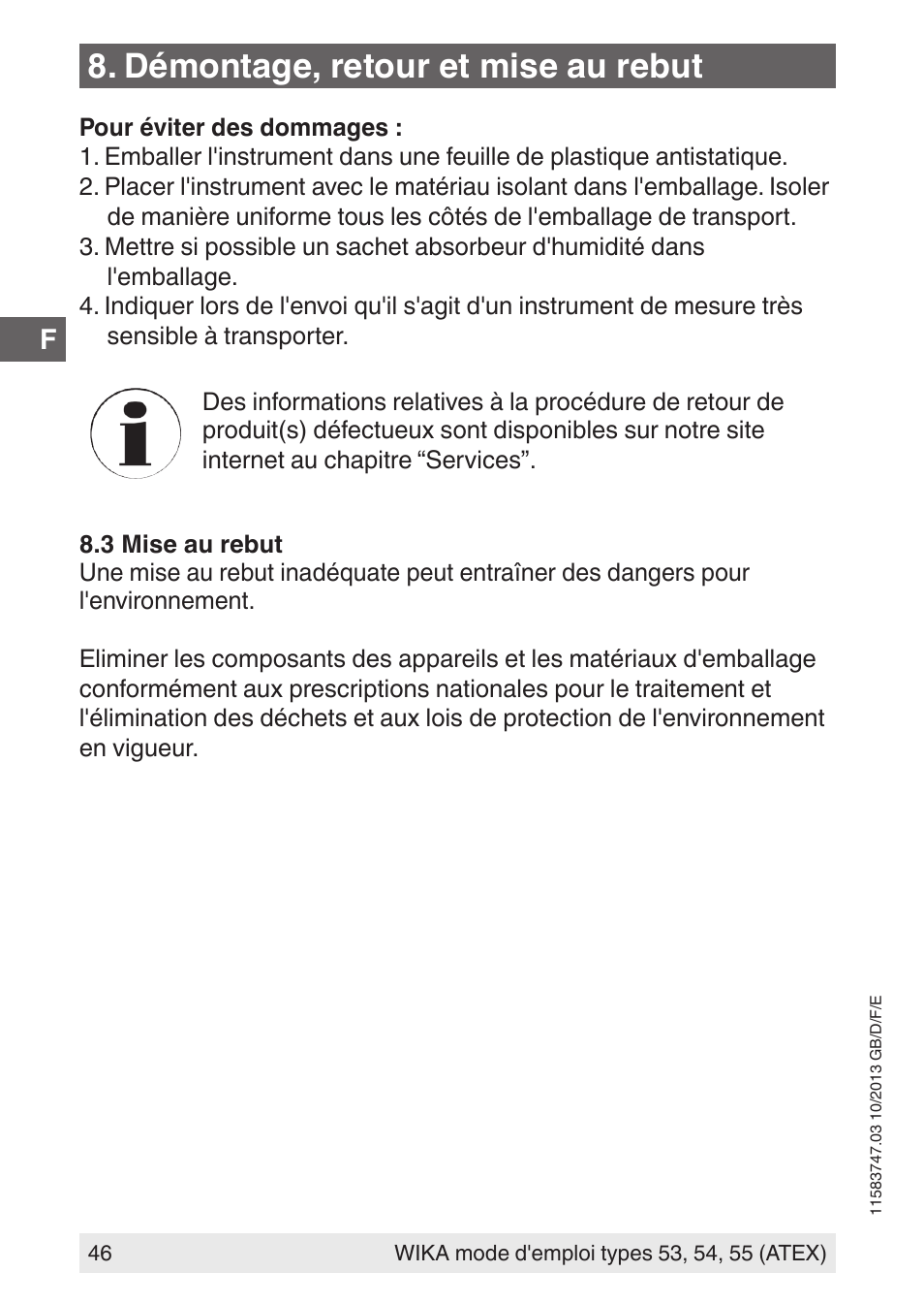 Démontage, retour et mise au rebut | WIKA 55 User Manual | Page 46 / 64
