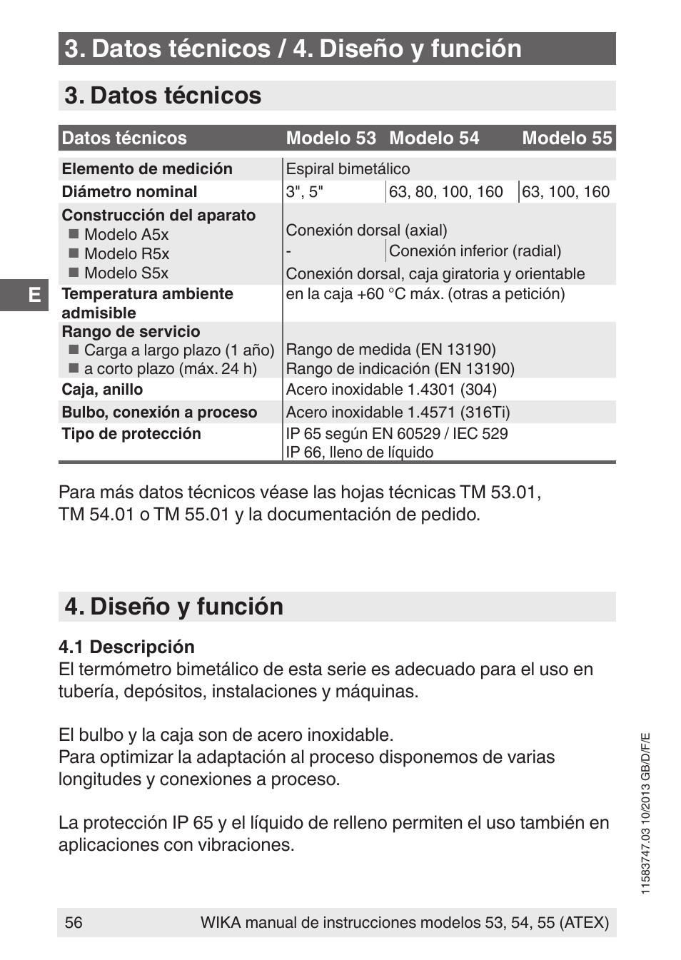 Datos técnicos / 4. diseño y función, Datos técnicos, Diseño y función | WIKA 55 User Manual | Page 56 / 64