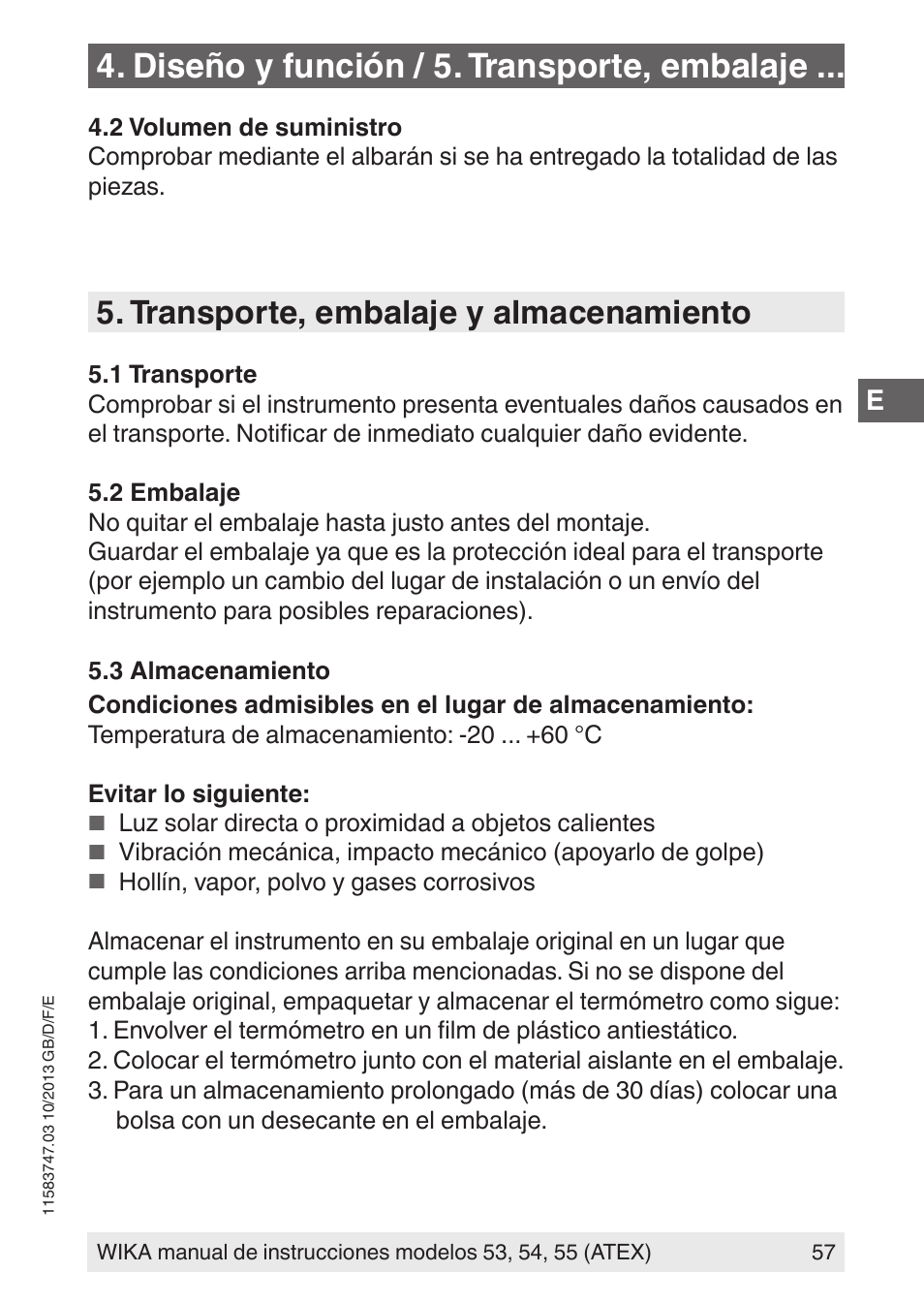 Diseño y función / 5. transporte, embalaje, Transporte, embalaje y almacenamiento | WIKA 55 User Manual | Page 57 / 64