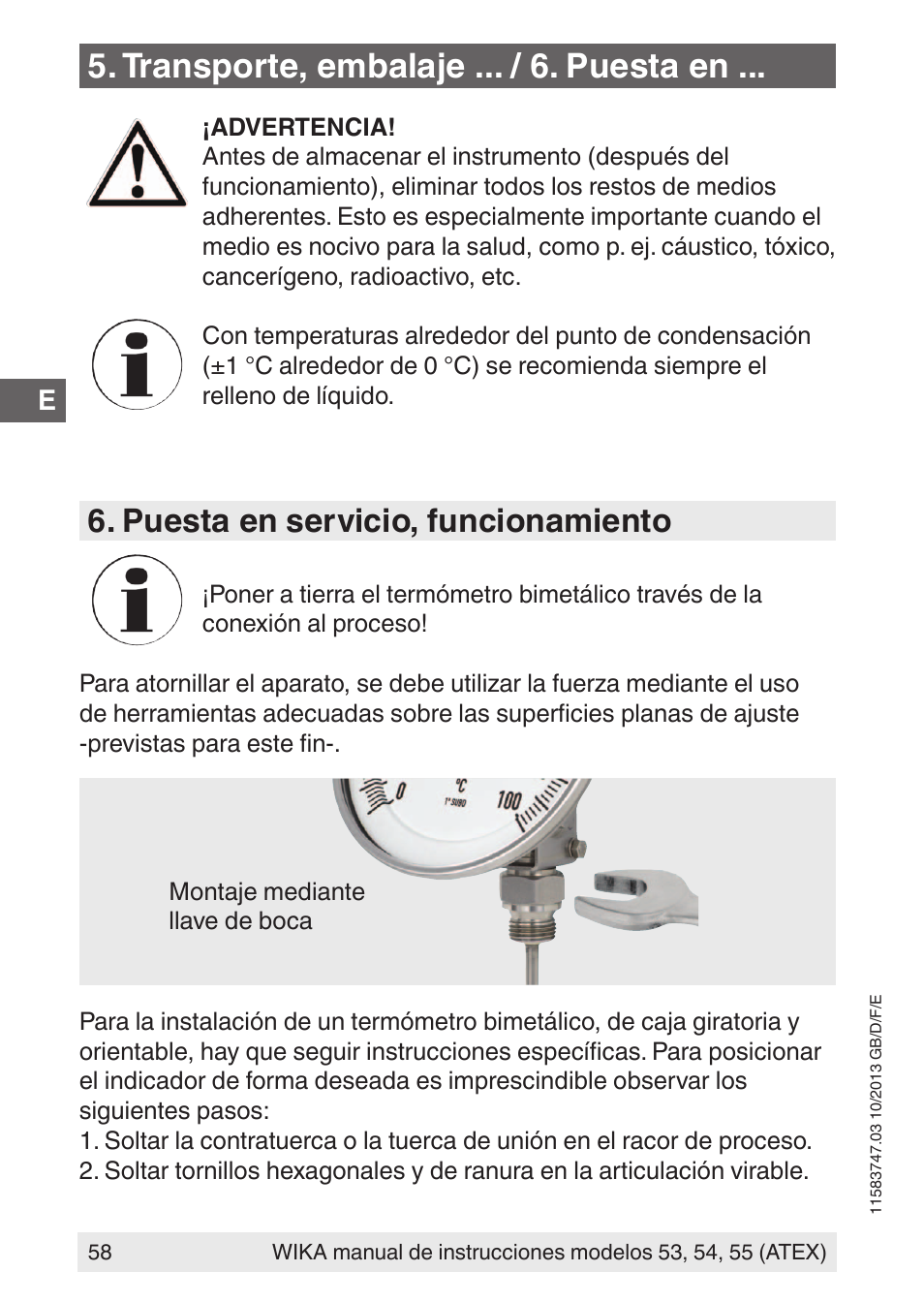 Transporte, embalaje ... / 6. puesta en, Puesta en servicio, funcionamiento | WIKA 55 User Manual | Page 58 / 64