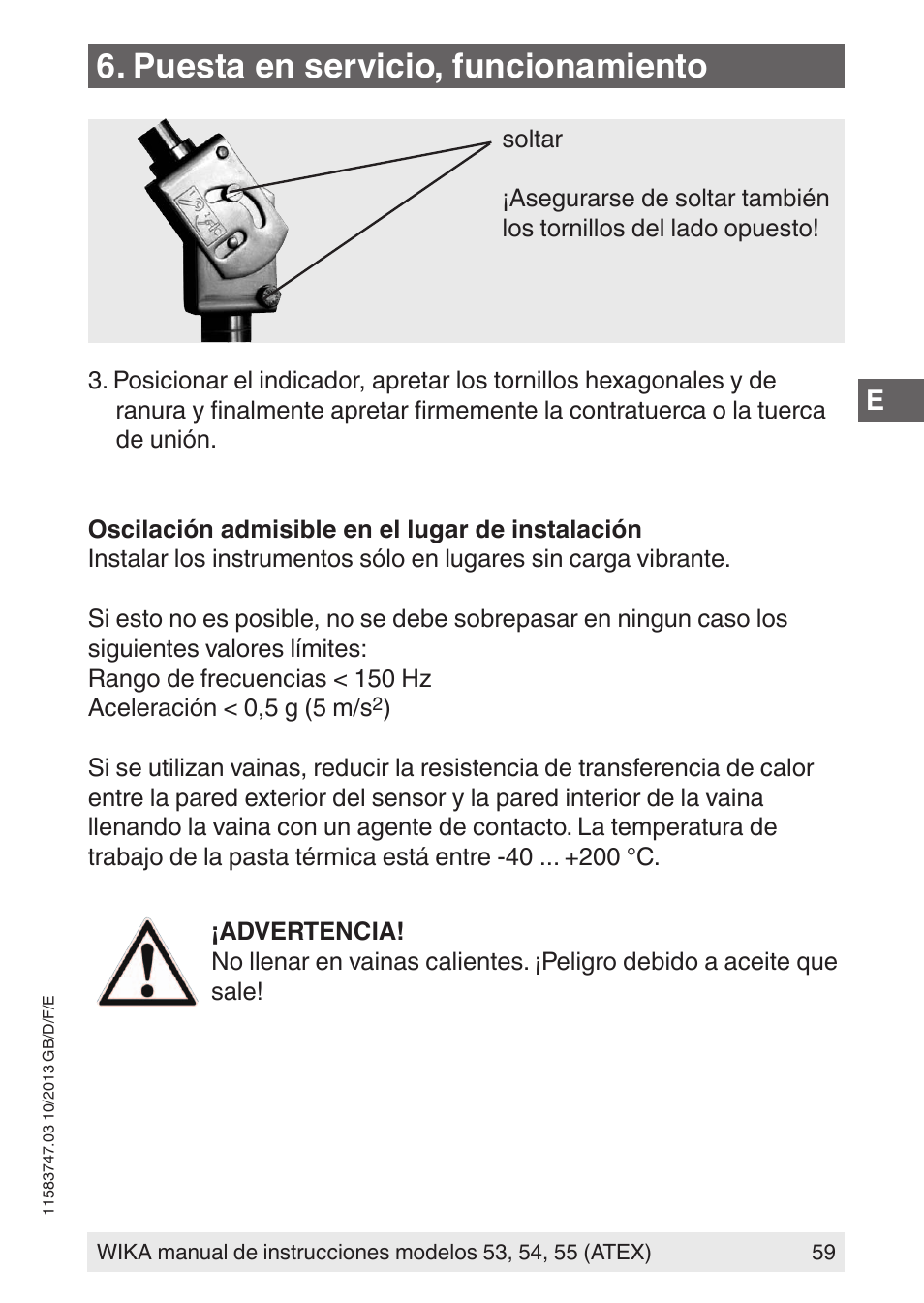 Puesta en servicio, funcionamiento | WIKA 55 User Manual | Page 59 / 64