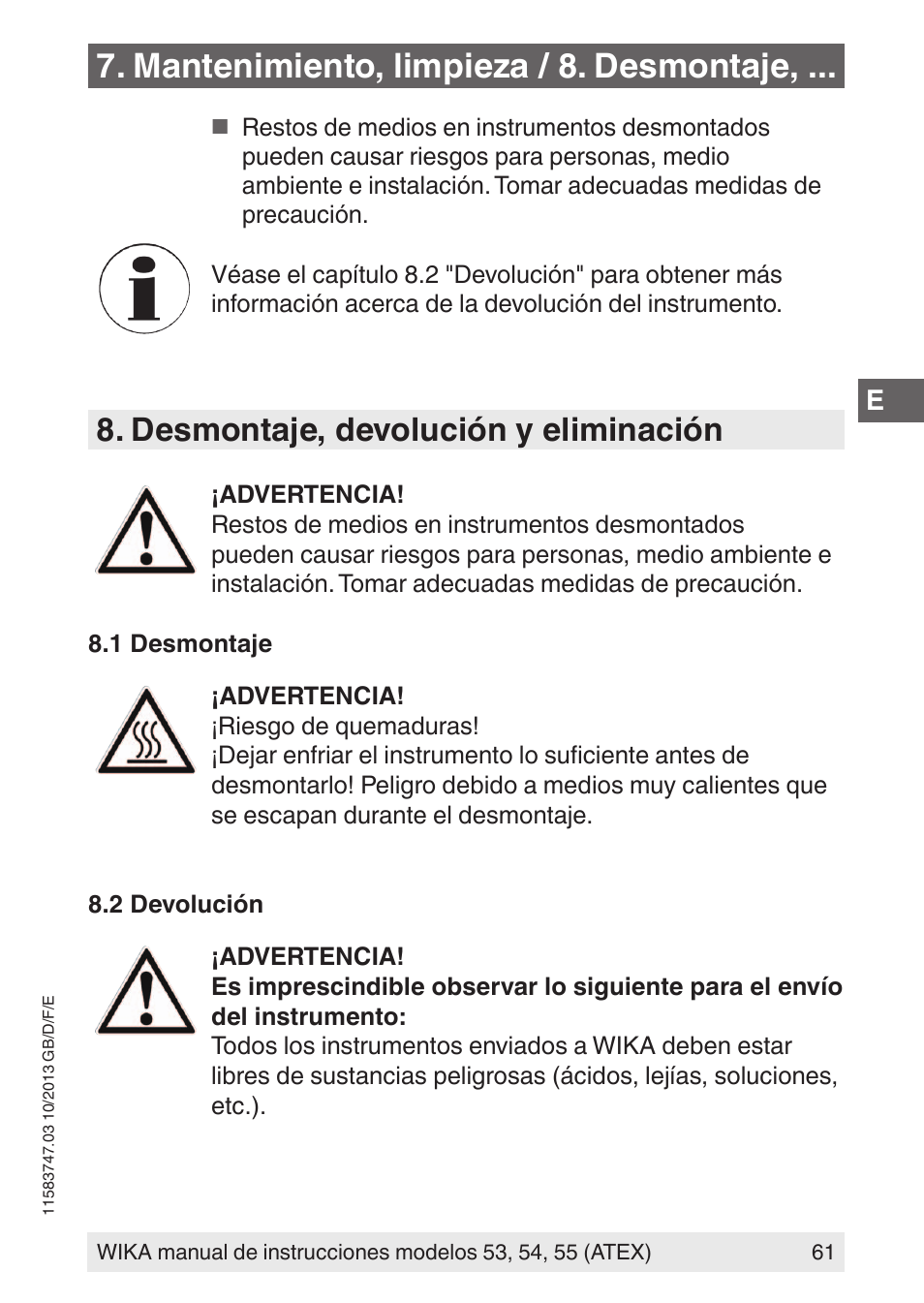 Mantenimiento, limpieza / 8. desmontaje, Desmontaje, devolución y eliminación | WIKA 55 User Manual | Page 61 / 64
