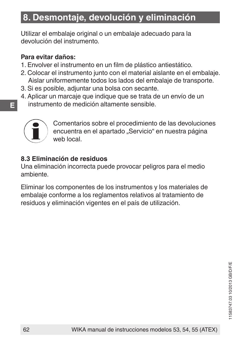 Desmontaje, devolución y eliminación | WIKA 55 User Manual | Page 62 / 64
