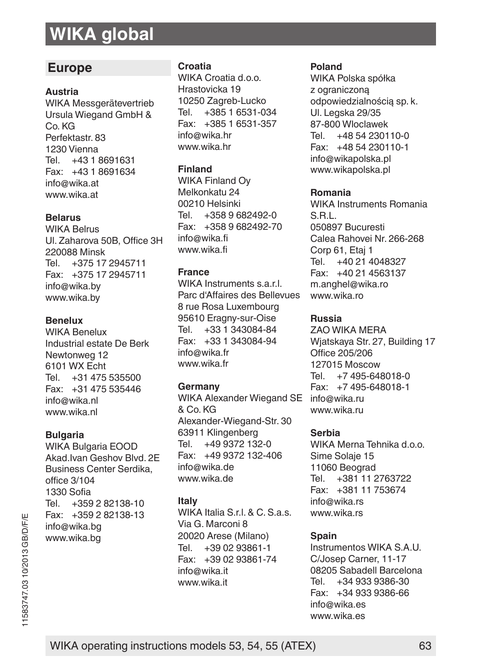 Wika global, Europe | WIKA 55 User Manual | Page 63 / 64