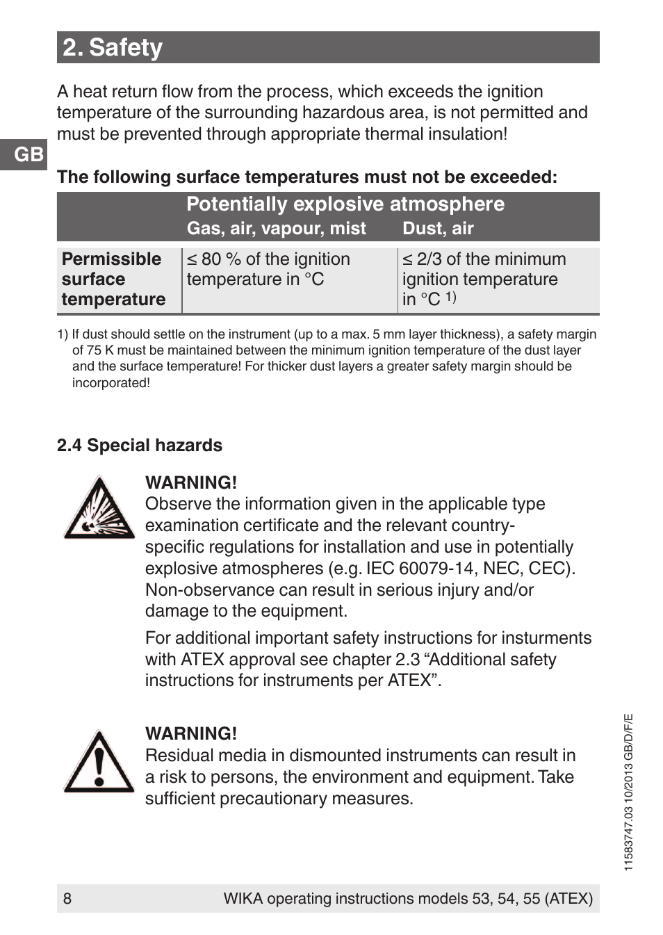 Safety, Potentially explosive atmosphere | WIKA 55 User Manual | Page 8 / 64