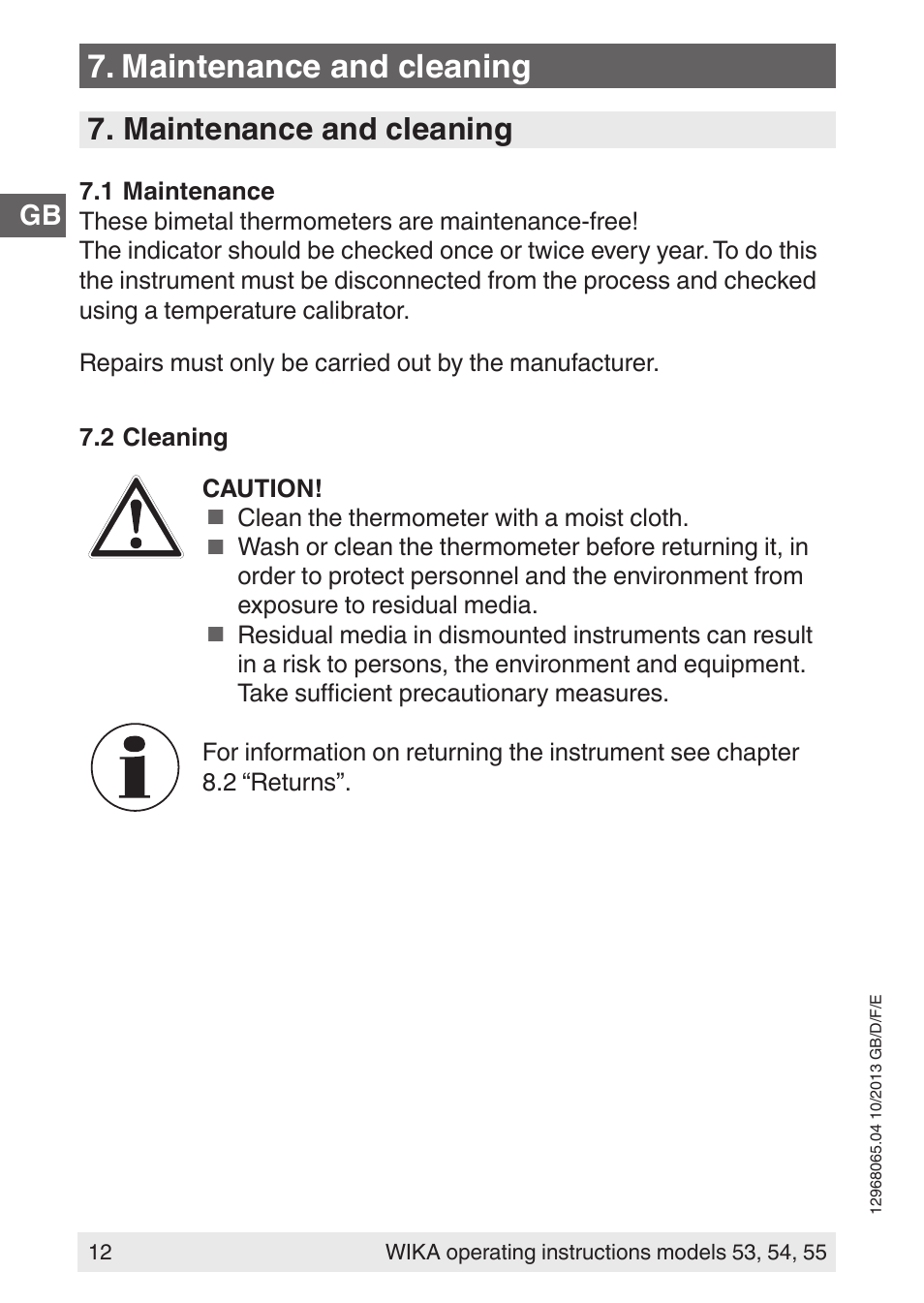 Maintenance and cleaning | WIKA 55 User Manual | Page 12 / 52