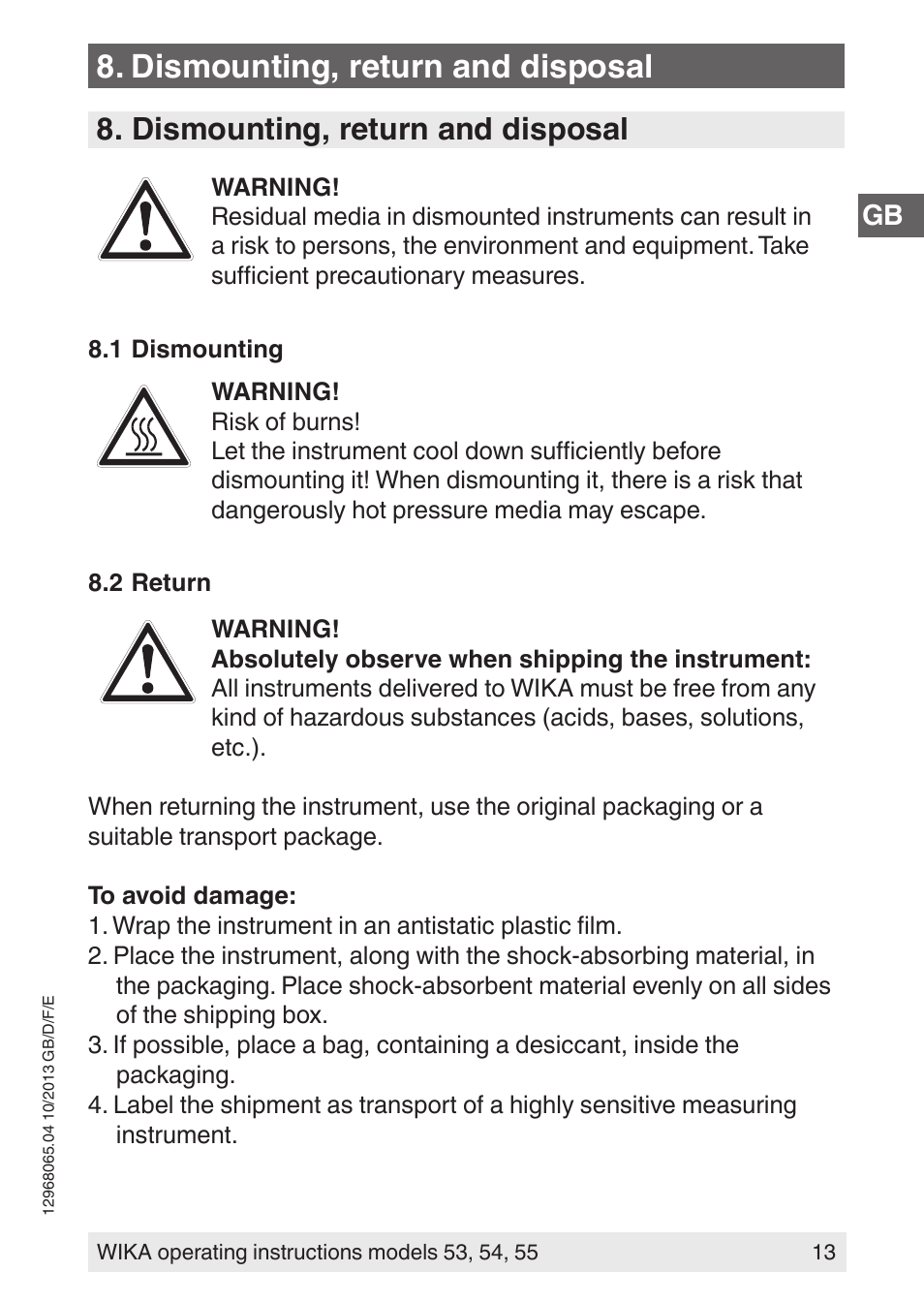 Dismounting, return and disposal | WIKA 55 User Manual | Page 13 / 52