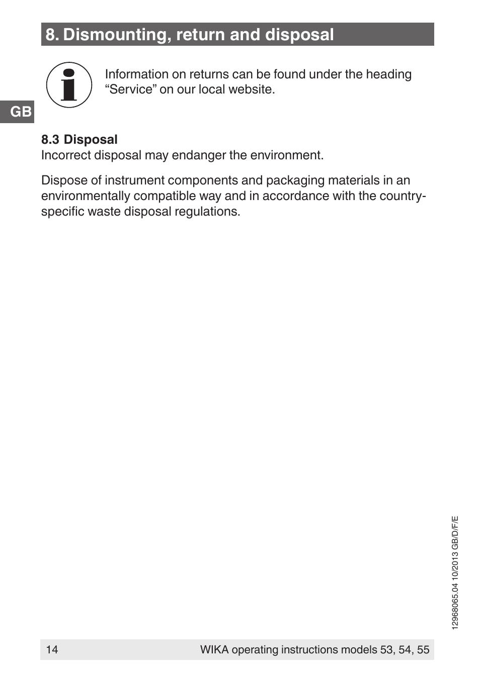 Dismounting, return and disposal | WIKA 55 User Manual | Page 14 / 52