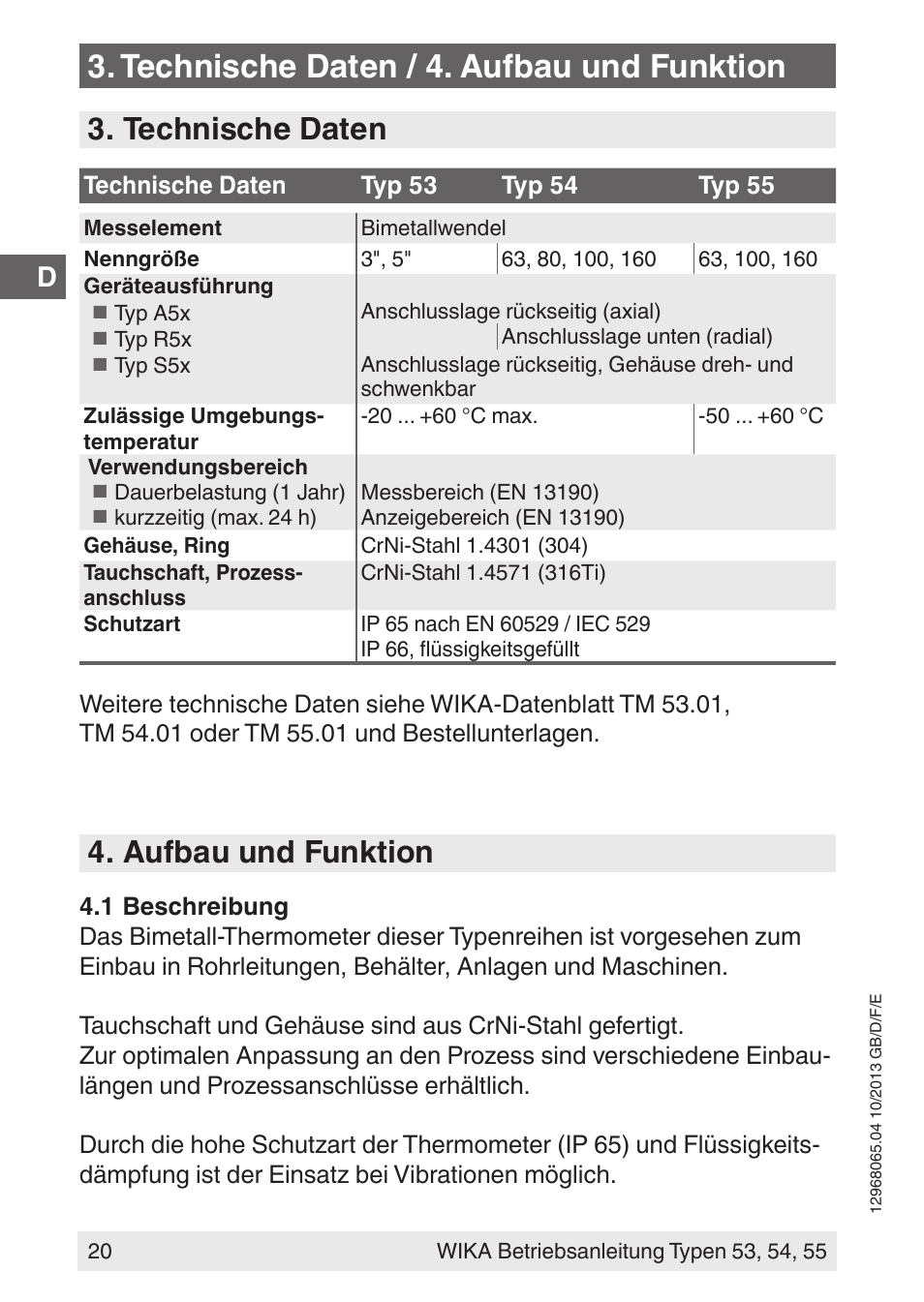 Technische daten / 4. aufbau und funktion, Technische daten, Aufbau und funktion | WIKA 55 User Manual | Page 20 / 52