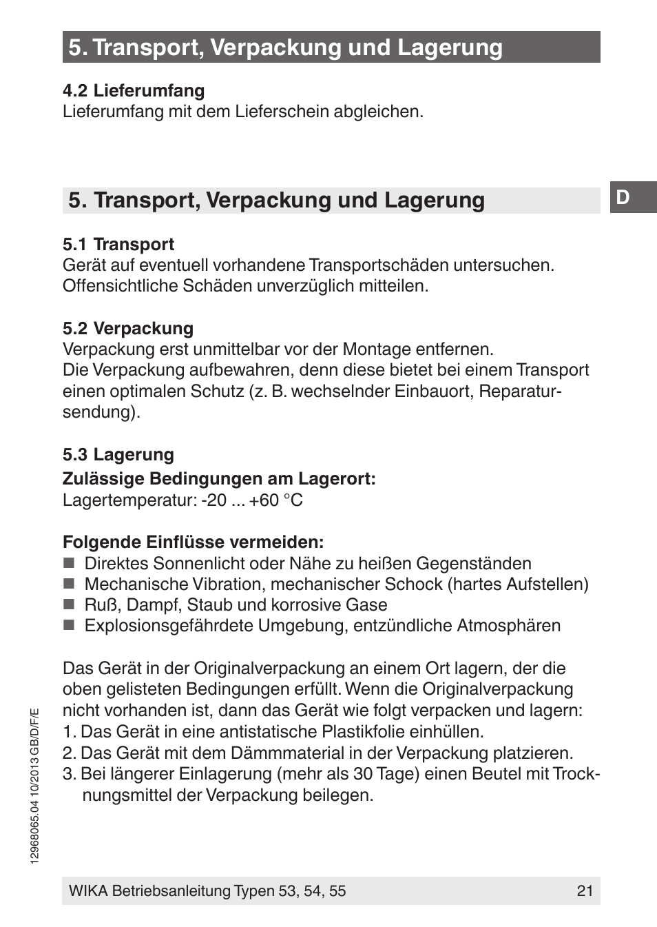 Transport, verpackung und lagerung | WIKA 55 User Manual | Page 21 / 52