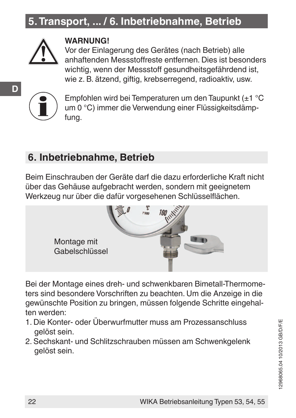Transport, ... / 6. inbetriebnahme, betrieb, Inbetriebnahme, betrieb | WIKA 55 User Manual | Page 22 / 52