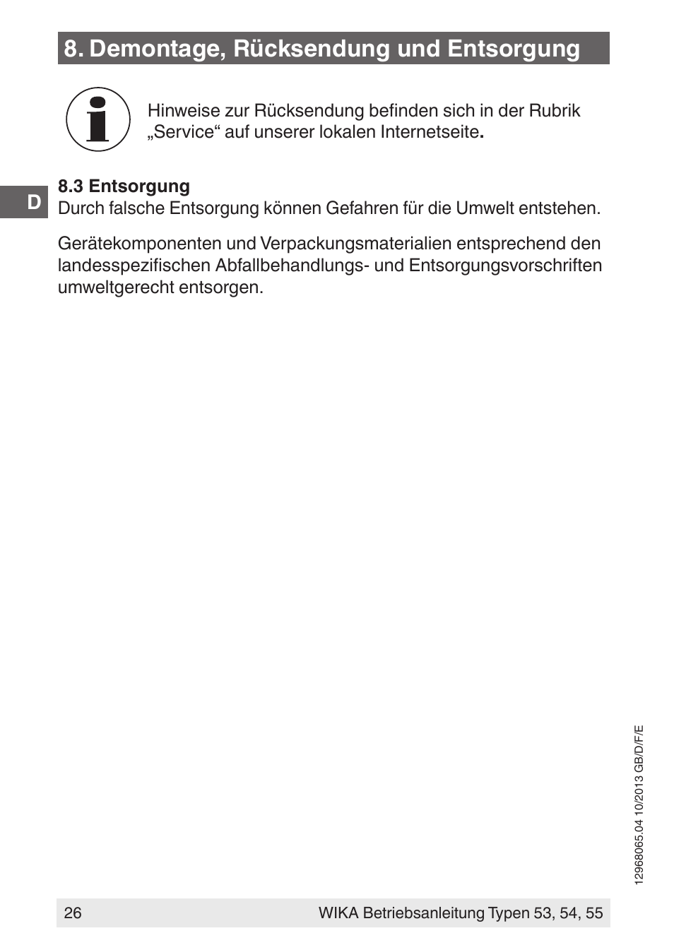 Demontage, rücksendung und entsorgung | WIKA 55 User Manual | Page 26 / 52