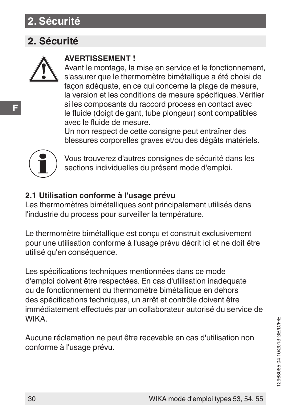 Sécurité | WIKA 55 User Manual | Page 30 / 52