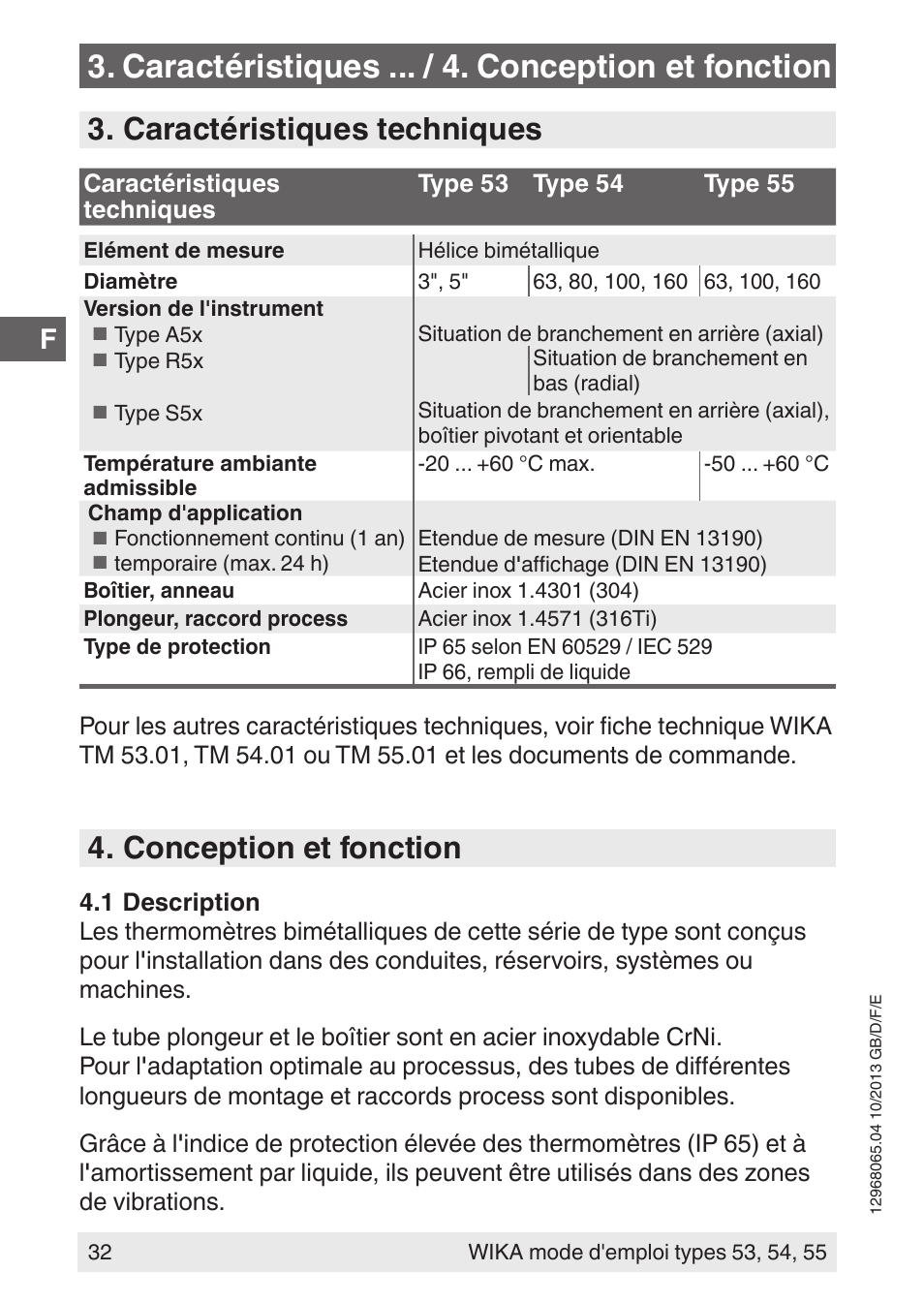 Caractéristiques ... / 4. conception et fonction, Caractéristiques techniques, Conception et fonction | WIKA 55 User Manual | Page 32 / 52
