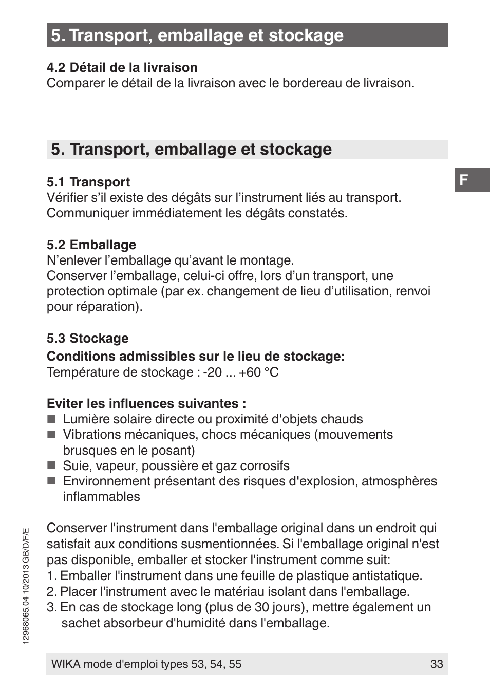Transport, emballage et stockage | WIKA 55 User Manual | Page 33 / 52