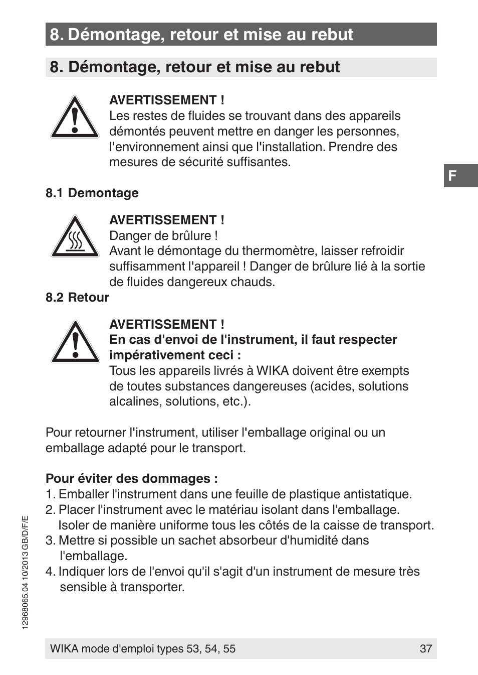 Démontage, retour et mise au rebut | WIKA 55 User Manual | Page 37 / 52